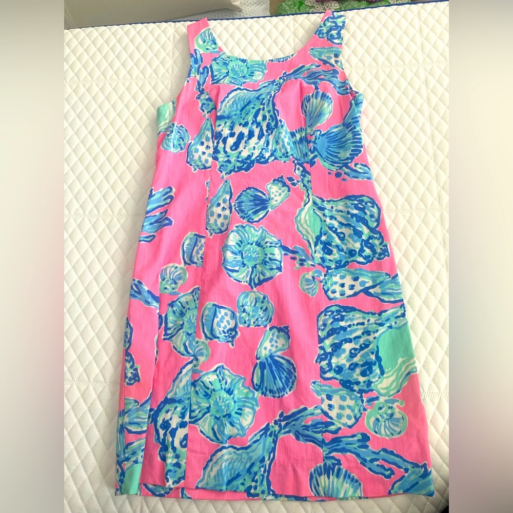 Lilly Pulitzer Pink and Blue Seashell Dress with Gold Accent